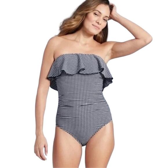 NEW Kona Sol Blue Check Flounce One Piece Swimsuit Gingham 18W Resort Vacation - Picture 1 of 8